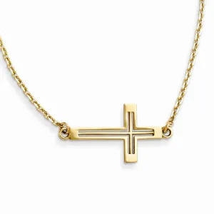 14K Gold Sideways Cut-out Cross Necklace with Side Stone Elegant Design