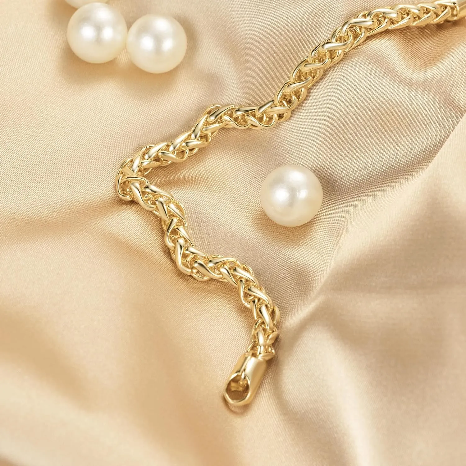 14K Gold Wheat Chain Bracelet for Women Stackable Gold Jewelry Gifts Available in Sizes 6.5-9 Inches