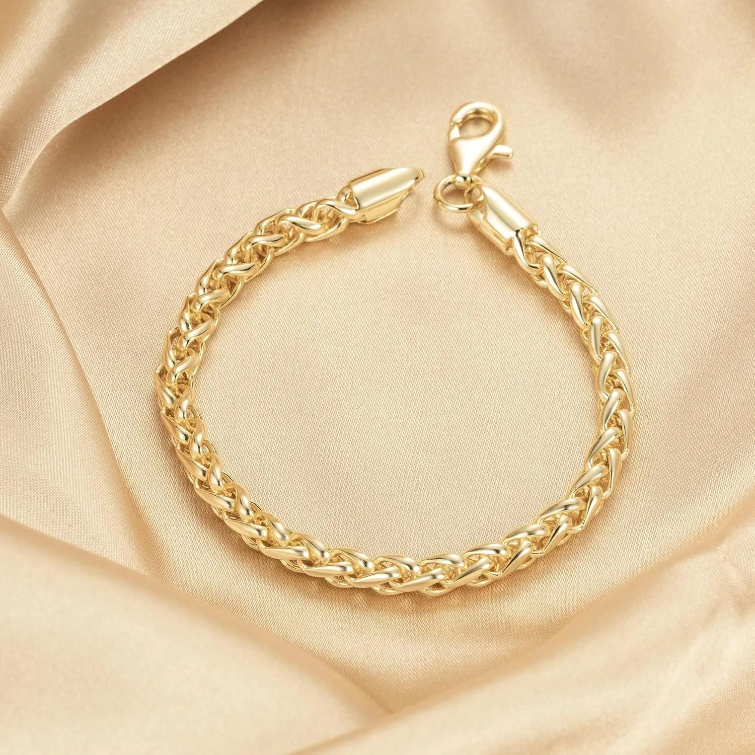 14K Gold Wheat Chain Bracelet for Women Stackable Gold Jewelry Gifts Available in Sizes 6.5-9 Inches