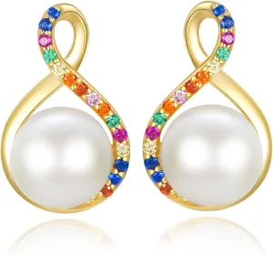 14K Solid Gold Gemstone Stud Earrings - Pearl/Emerald/Turquoise Yellow Gold Earrings Studs for Women