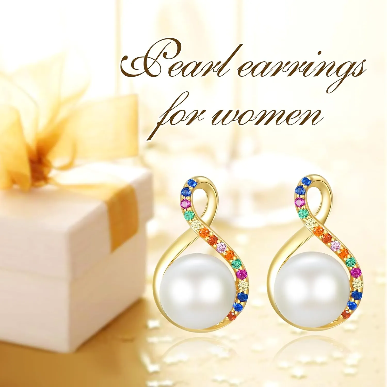 14K Solid Gold Gemstone Stud Earrings - Pearl/Emerald/Turquoise Yellow Gold Earrings Studs for Women