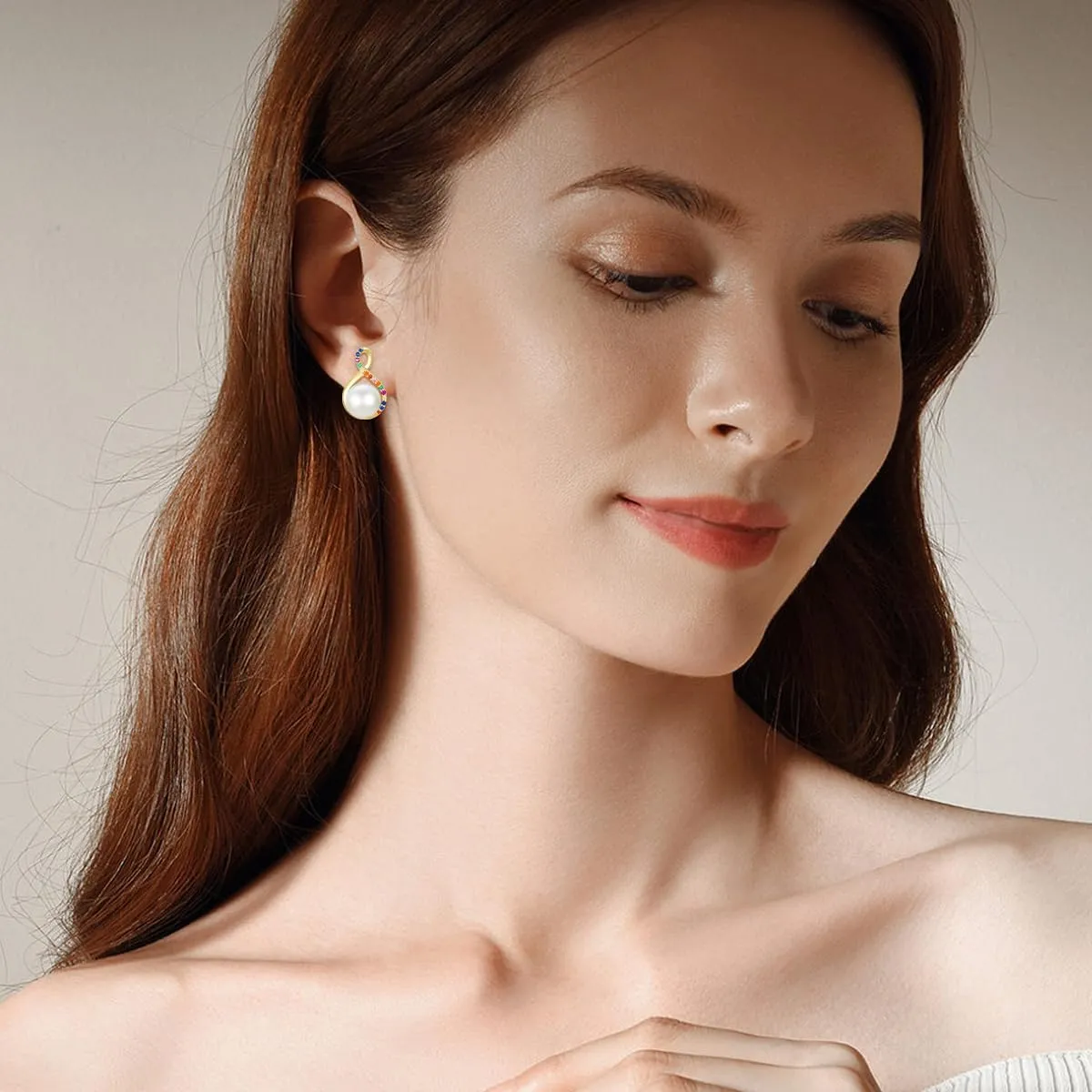 14K Solid Gold Gemstone Stud Earrings - Pearl/Emerald/Turquoise Yellow Gold Earrings Studs for Women