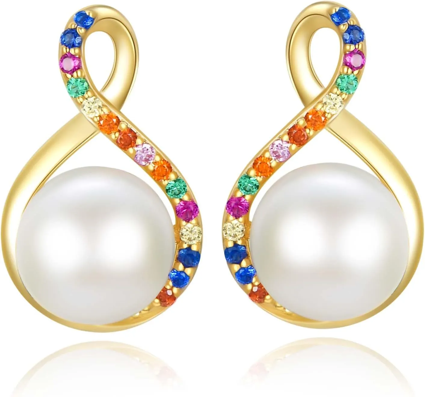 14K Solid Gold Gemstone Stud Earrings - Pearl/Emerald/Turquoise Yellow Gold Earrings Studs for Women