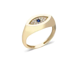 14k Solid Gold Sapphire Ring | Round Shaped Blue Sapphire Evil Eye Stacking Ring | Sapphire Pinky Ring | Diamond and Sapphire Unique Ring for Women