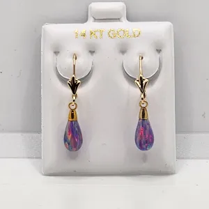 14K Solid Yellow Gold Opal Dangle Earrings Women Jewelry