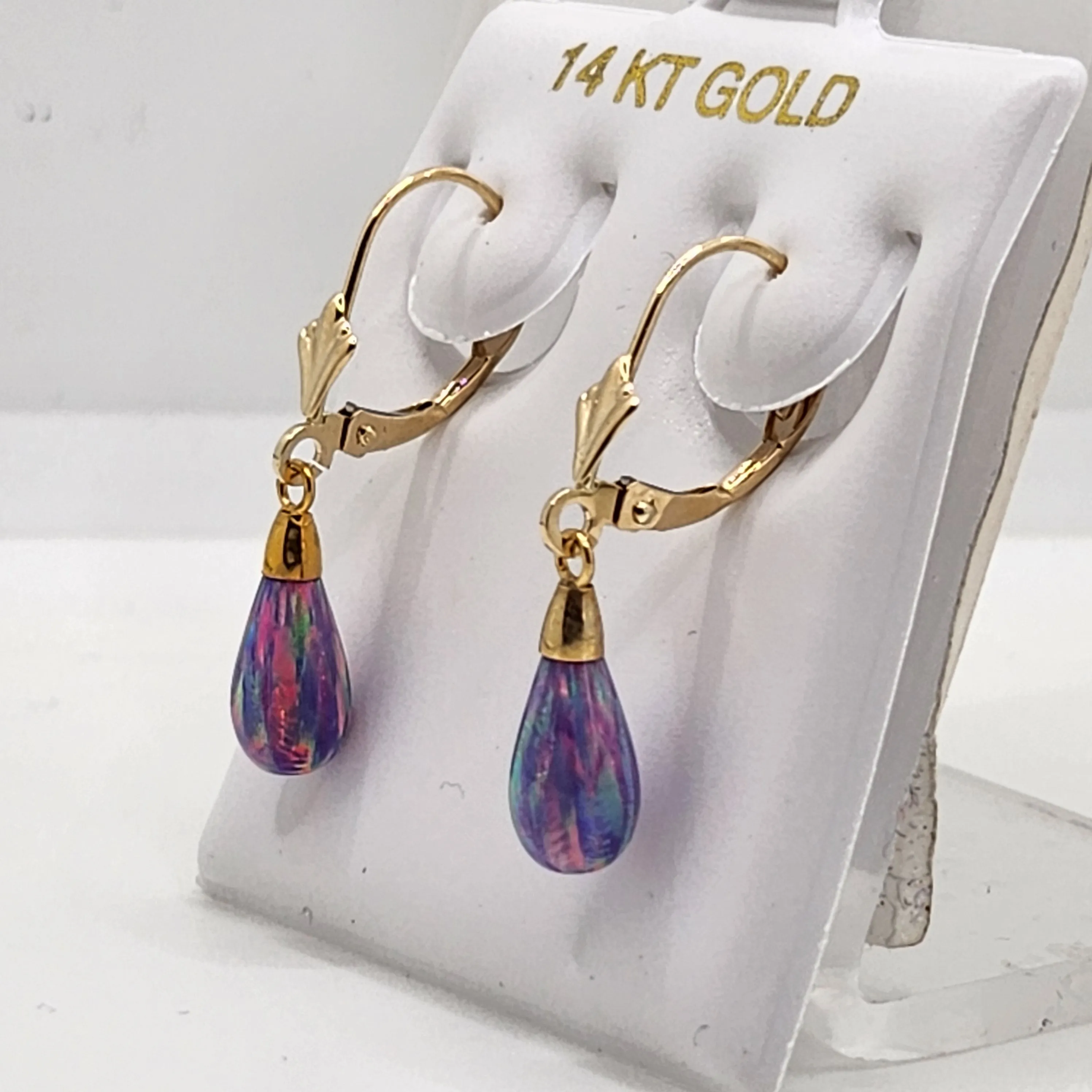 14K Solid Yellow Gold Opal Dangle Earrings Women Jewelry