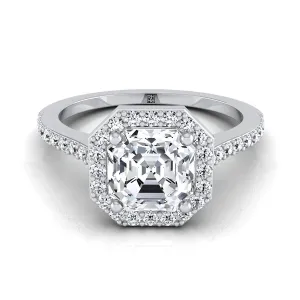 14K White Gold Asscher Cut Classic French Pave Diamond Halo and Linear Engagement Ring -1/3ctw