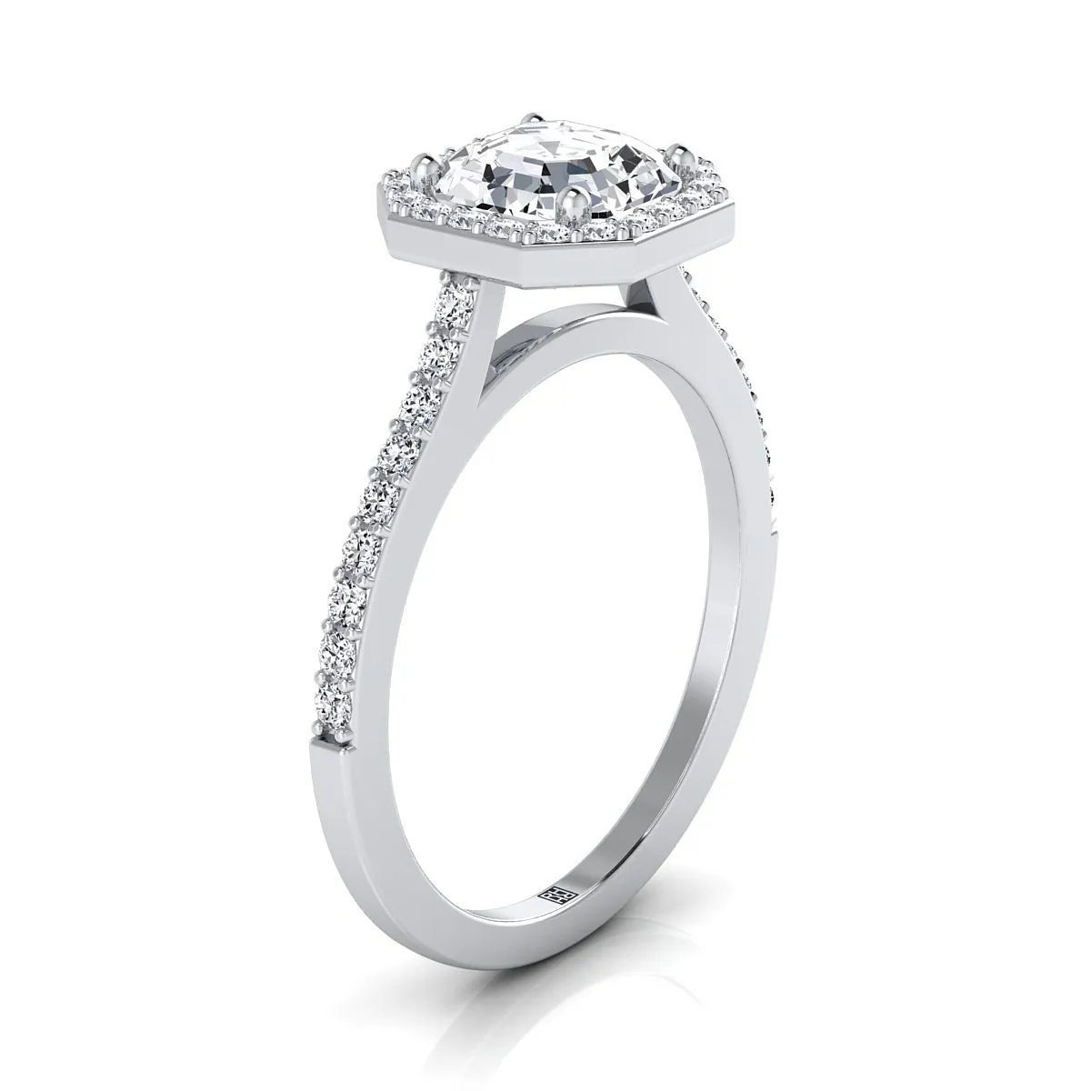 14K White Gold Asscher Cut Classic French Pave Diamond Halo and Linear Engagement Ring -1/3ctw