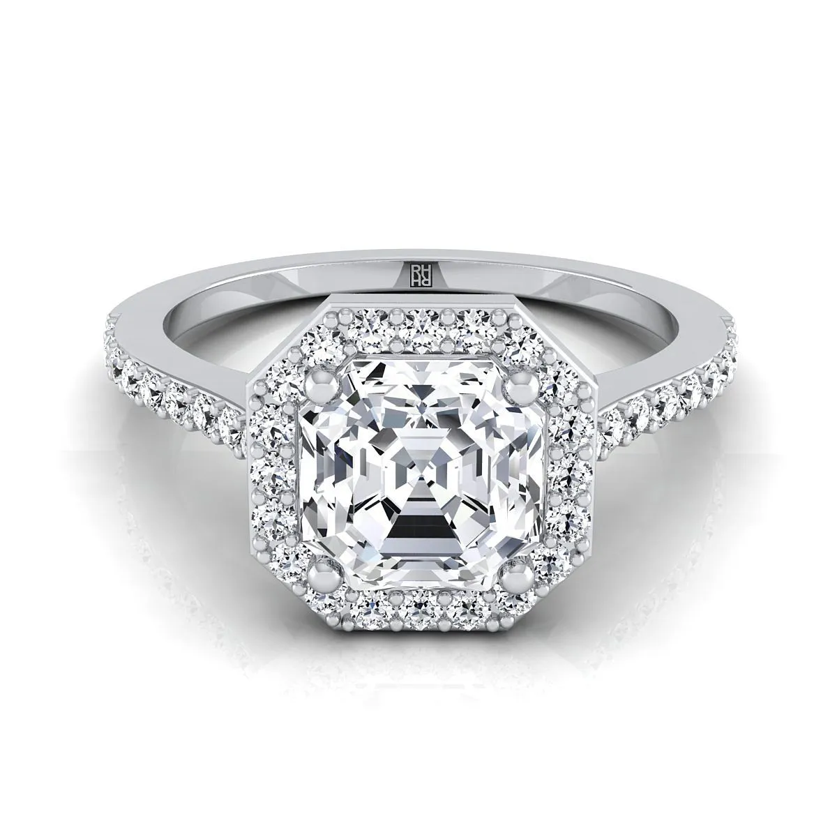 14K White Gold Asscher Cut Classic French Pave Diamond Halo and Linear Engagement Ring -1/3ctw