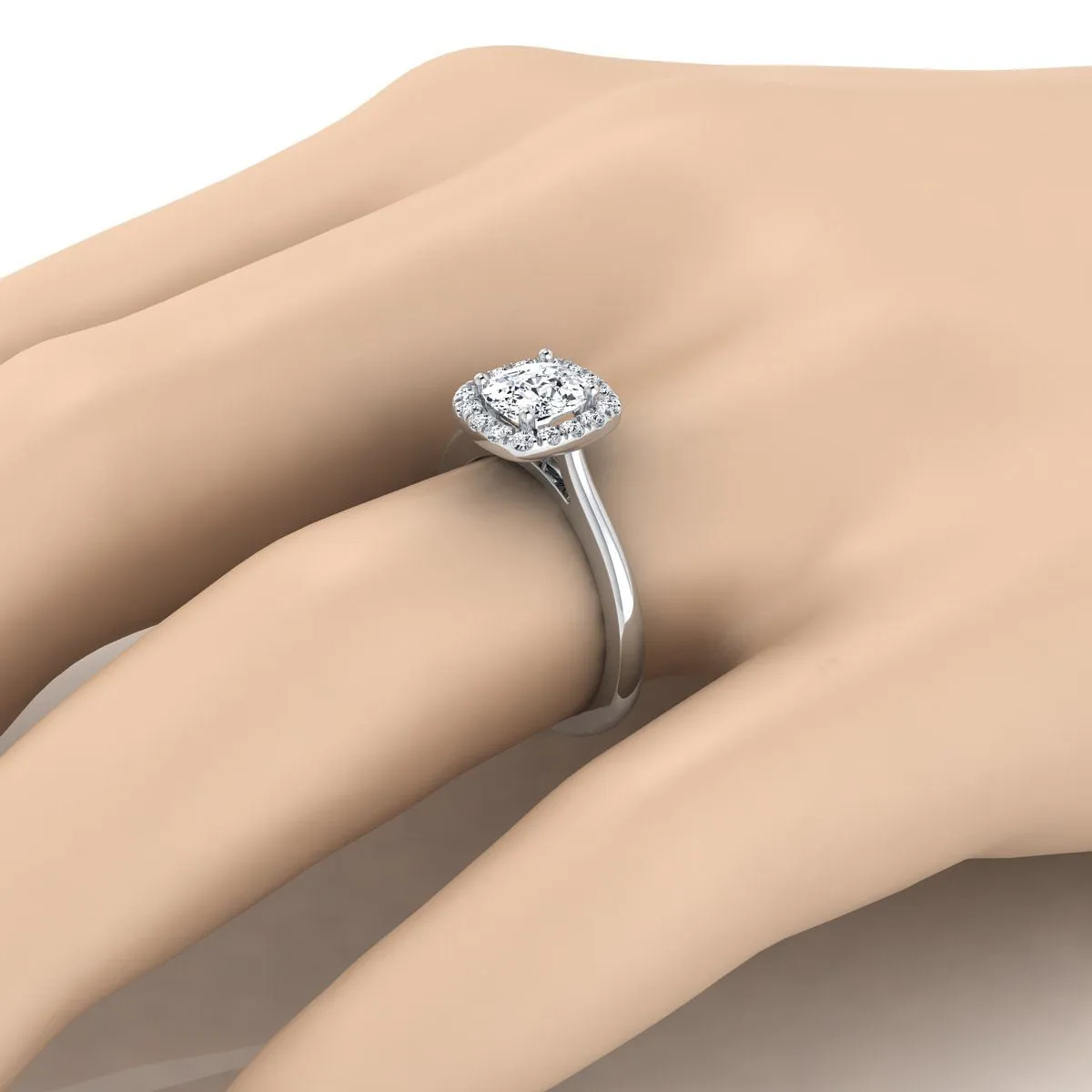 14K White Gold Cushion Diamond Classic Halo French Pave Engagement Ring -1/4ctw