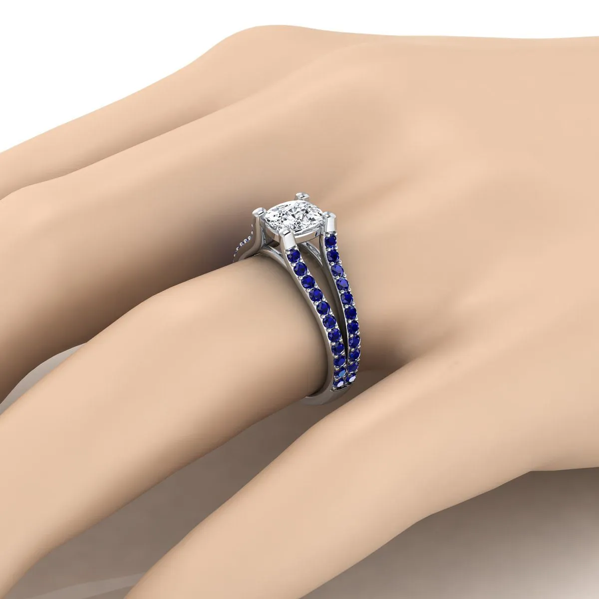 14K White Gold Cushion Prong Set Sapphire Split Shank Engagement Ring