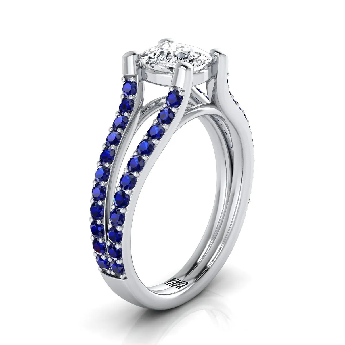 14K White Gold Cushion Prong Set Sapphire Split Shank Engagement Ring