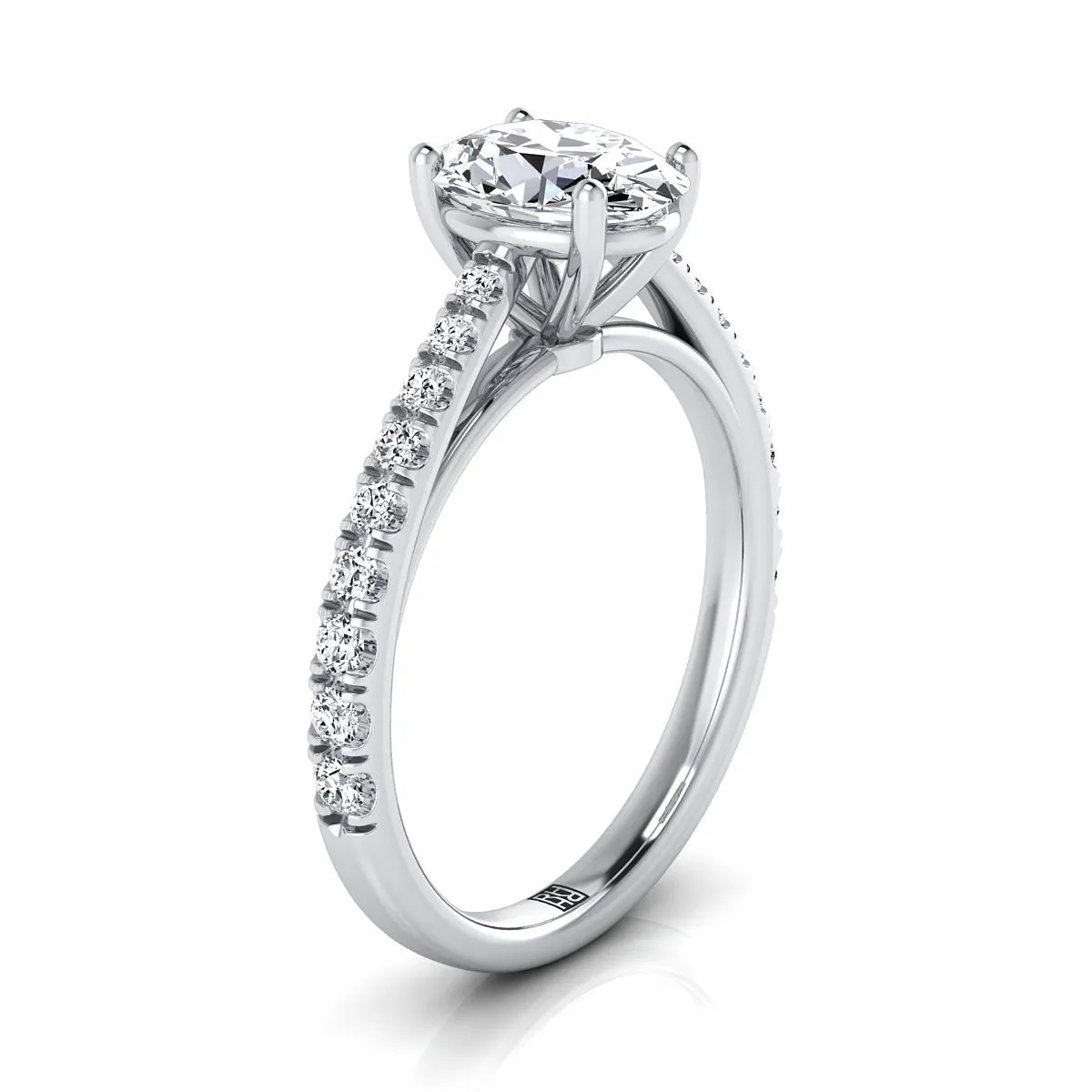 14K White Gold Oval Diamond French Pave Cathedral Style Solitaire Engagement Ring -1/4ctw