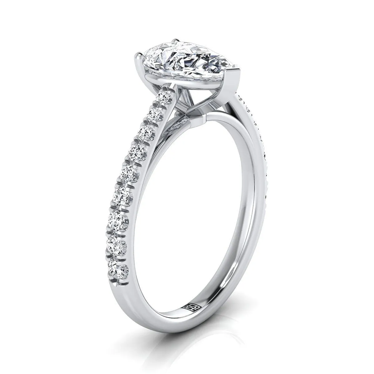 14K White Gold Pear Shape Center Diamond French Pave Cathedral Style Solitaire Engagement Ring -1/4ctw