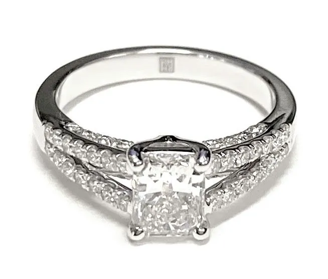 14K White Gold Radiant Cut Center Diamond Split Shank French Pave Engagement Ring -1/3ctw