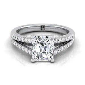 14K White Gold Radiant Cut Center Diamond Split Shank French Pave Engagement Ring -1/3ctw