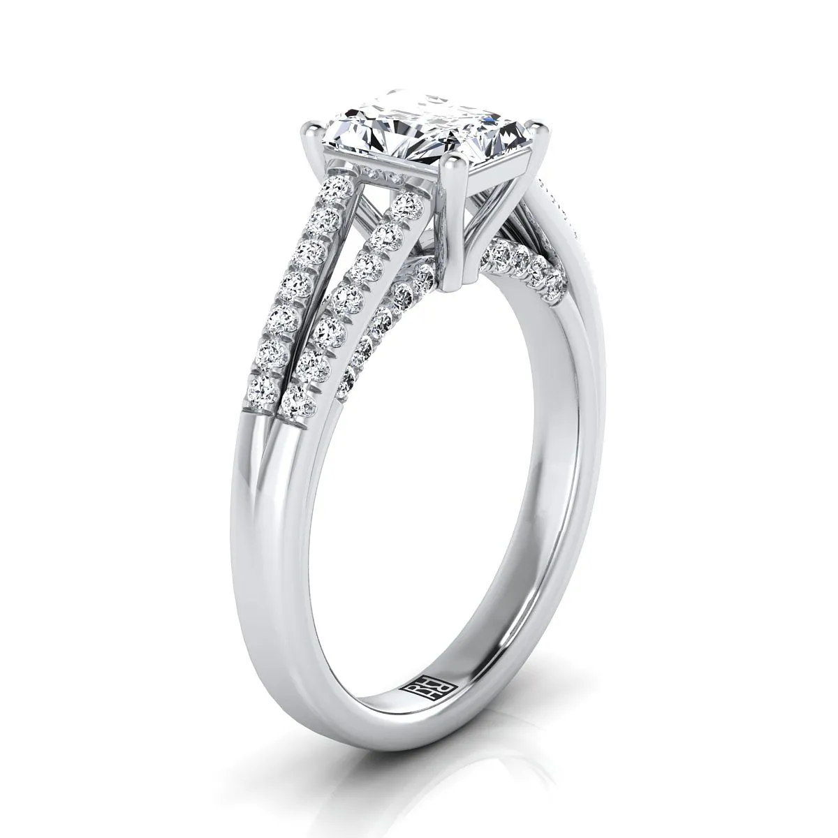 14K White Gold Radiant Cut Center Diamond Split Shank French Pave Engagement Ring -1/3ctw
