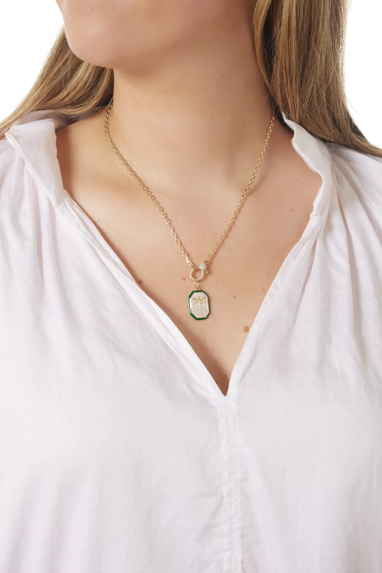 14KY Pave Dog Tag With Dragonfly and Green Enamel