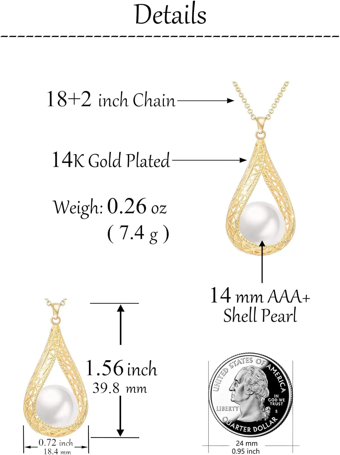 14MM Big Pearl Pendant Necklaces for Women Glod Plated Jewelry
