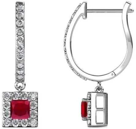 1.50 Ct Princess Cut Ruby & Diamond Drop & Dangle Earrings For Women's 14K White Gold Plated