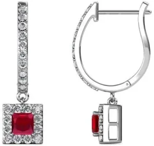 1.50 Ct Princess Cut Ruby & Diamond Drop & Dangle Earrings For Women's 14K White Gold Plated