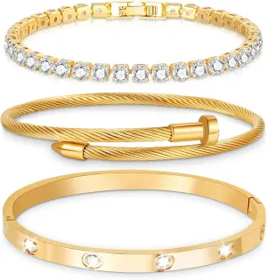 18 K Gold Plated Love Bangle Bracelet Set,Gold Bracelets for Women Waterproof,Bracelets Stack Tarnish Free Gold Jewelry Set,Fashion Accessories Gifts