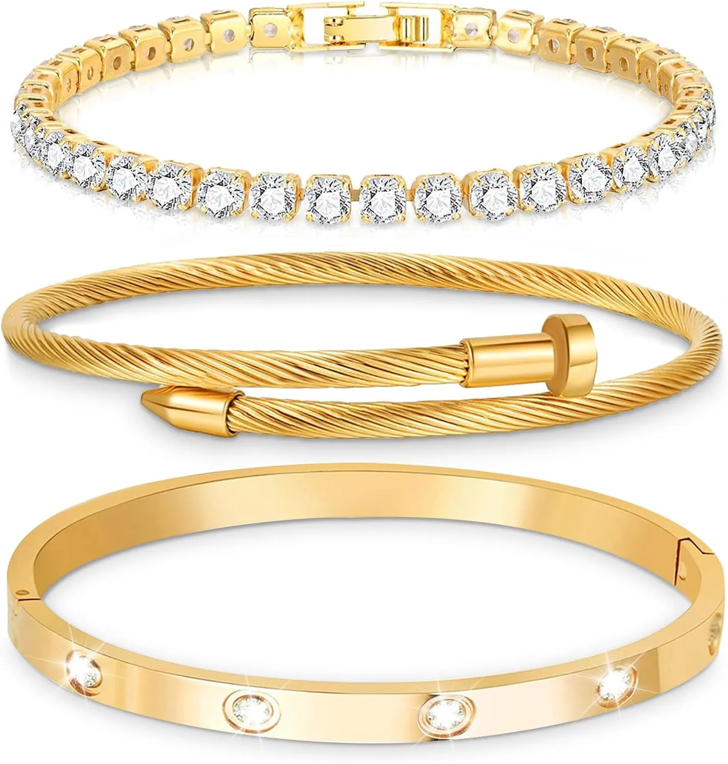 18 K Gold Plated Love Bangle Bracelet Set,Gold Bracelets for Women Waterproof,Bracelets Stack Tarnish Free Gold Jewelry Set,Fashion Accessories Gifts