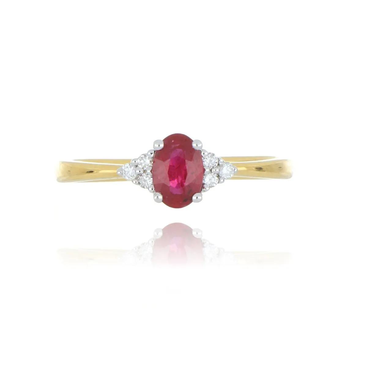 18ct Yellow Gold Oval Ruby And Diamond Trefoil 3 Stone Style Ring