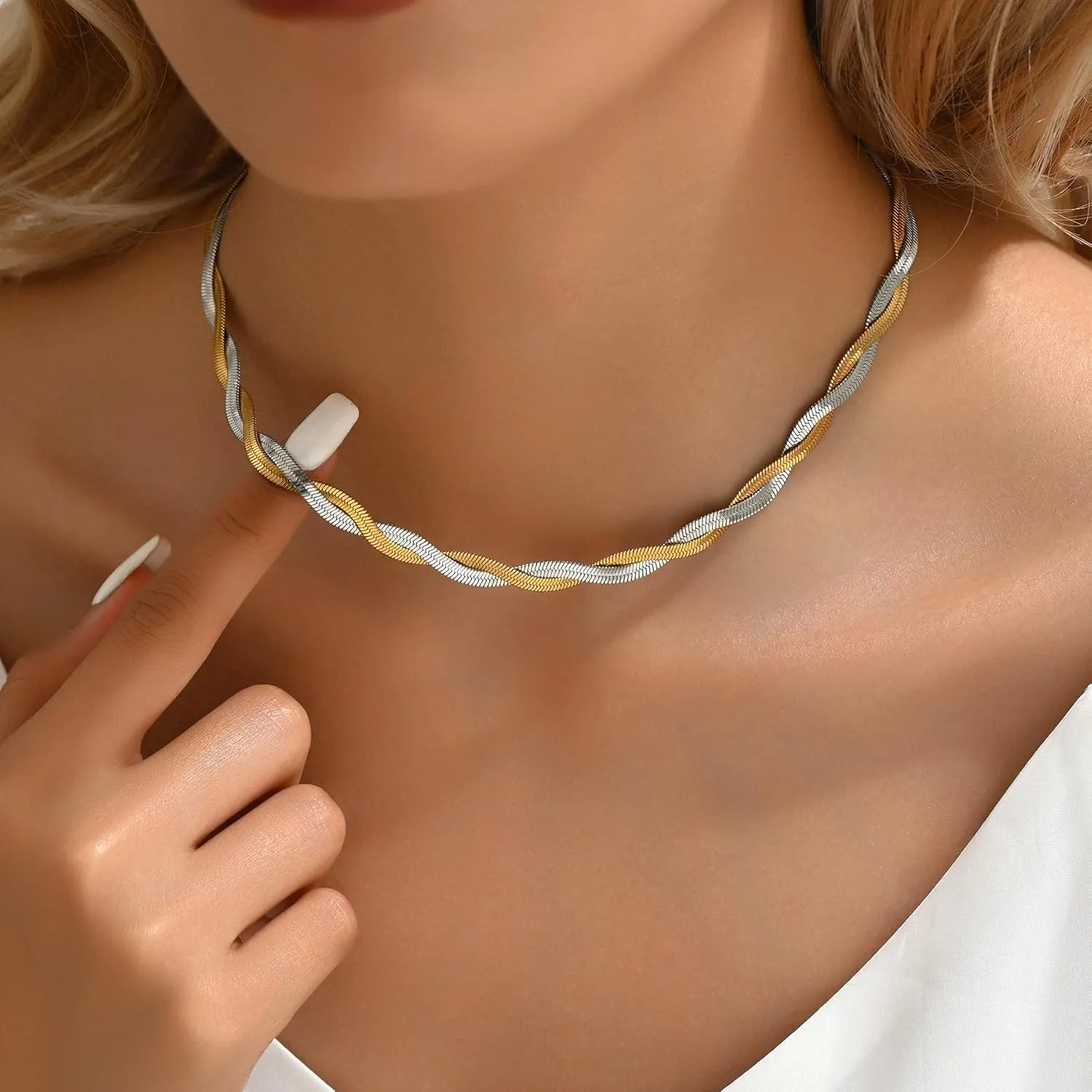 18K Gold Plated Snake Chain Herringbone Necklace Layered Choker Chain Necklaces for Women Dainty Dot Pendant Necklaces Waterproof Jewelry