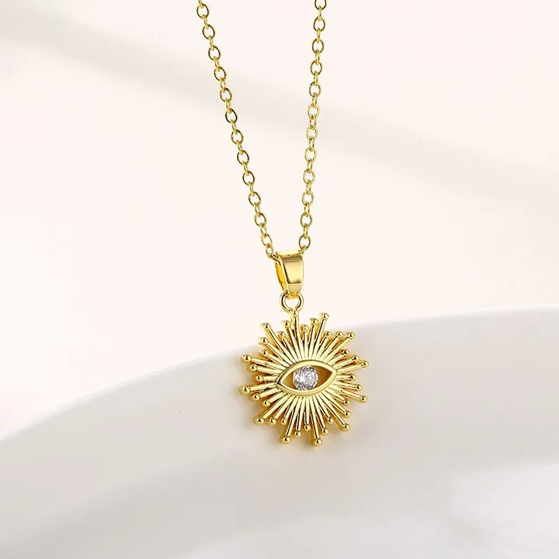 18k Gold Plated Stainless Steel Creative Sunlight Zirconia Evil Eye Pendant Necklaces For Women