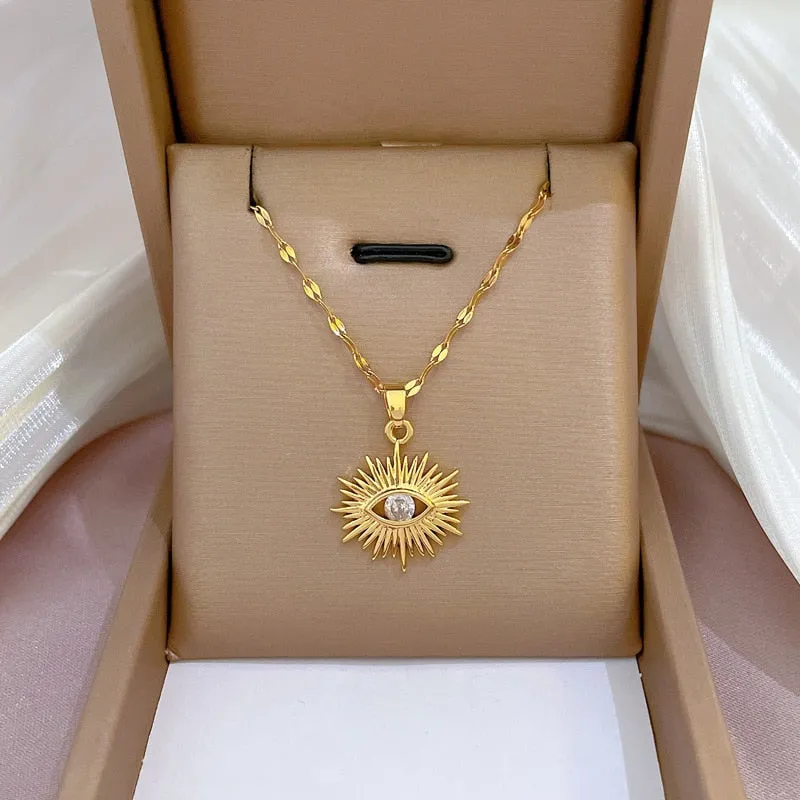 18k Gold Plated Stainless Steel Creative Sunlight Zirconia Evil Eye Pendant Necklaces For Women
