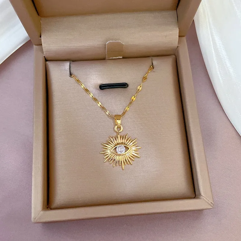 18k Gold Plated Stainless Steel Creative Sunlight Zirconia Evil Eye Pendant Necklaces For Women