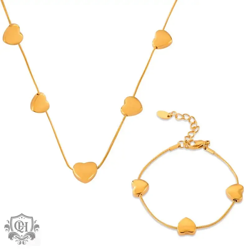 18K gold simple and elegant heart with beaded design light luxury style necklace bracelet set