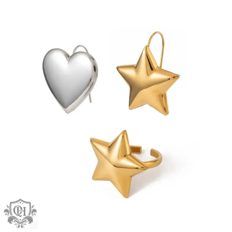 18K gold trendy unique convex star shape with heart-shaped design light luxury style ring and earring set