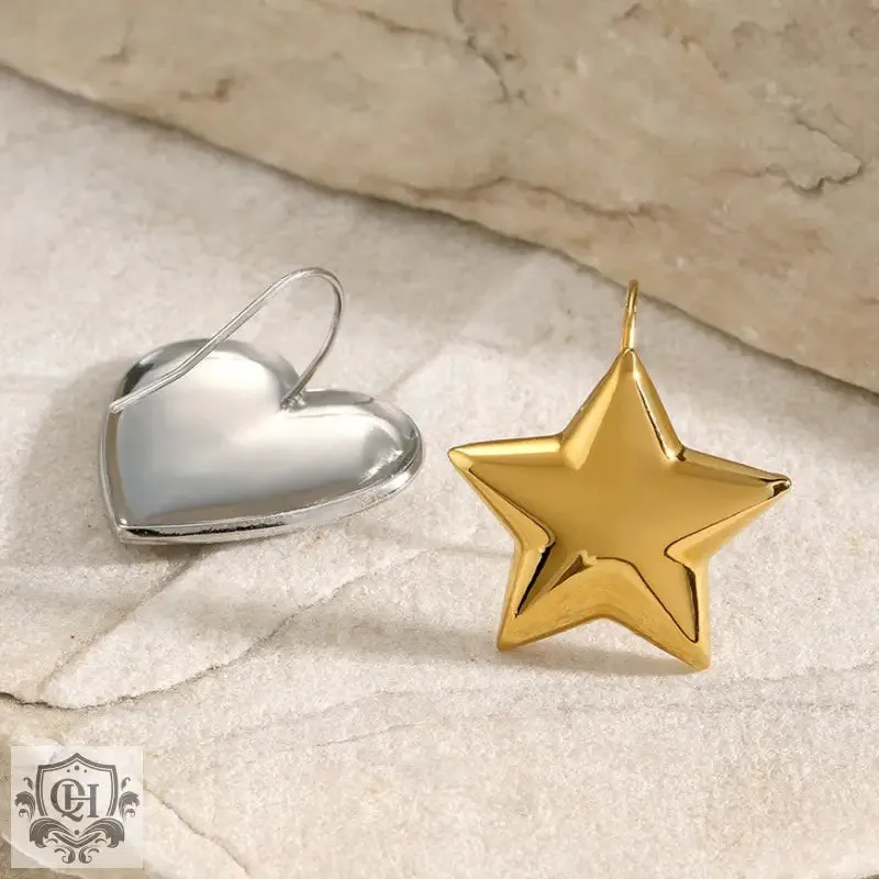18K gold trendy unique convex star shape with heart-shaped design light luxury style ring and earring set