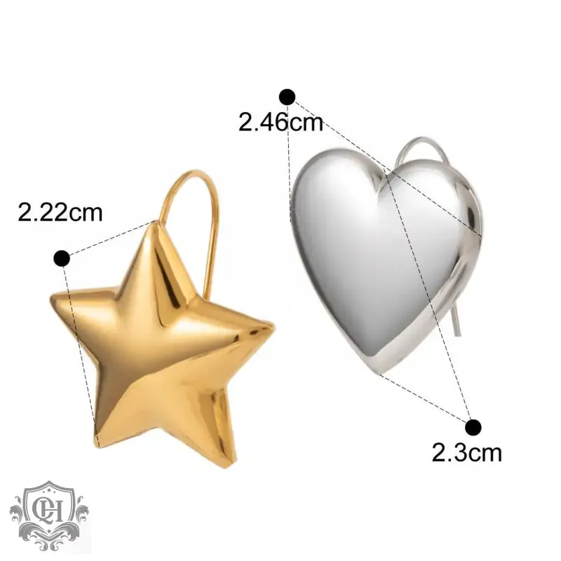 18K gold trendy unique convex star shape with heart-shaped design light luxury style ring and earring set