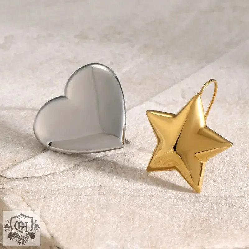 18K gold trendy unique convex star shape with heart-shaped design light luxury style ring and earring set