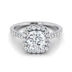 18K White Gold Cushion Diamond Pave Halo Engagement Ring -1/3ctw