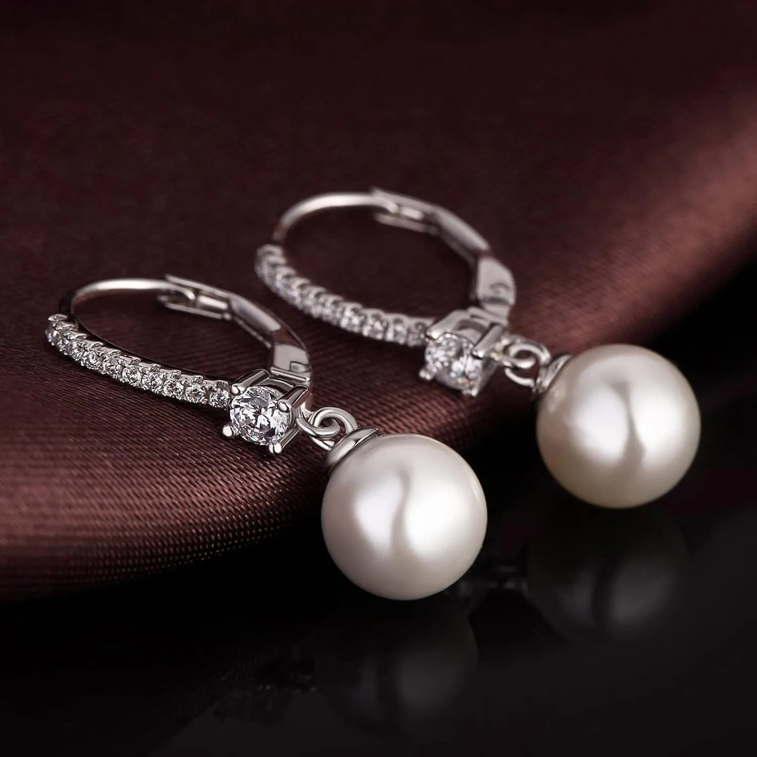 18K White Gold Plated & 925 Sterling Silver Cubic Zirconia Pearl Dangle Drop Earrings for Women, Fine Pearl Jewelry Gift for Women