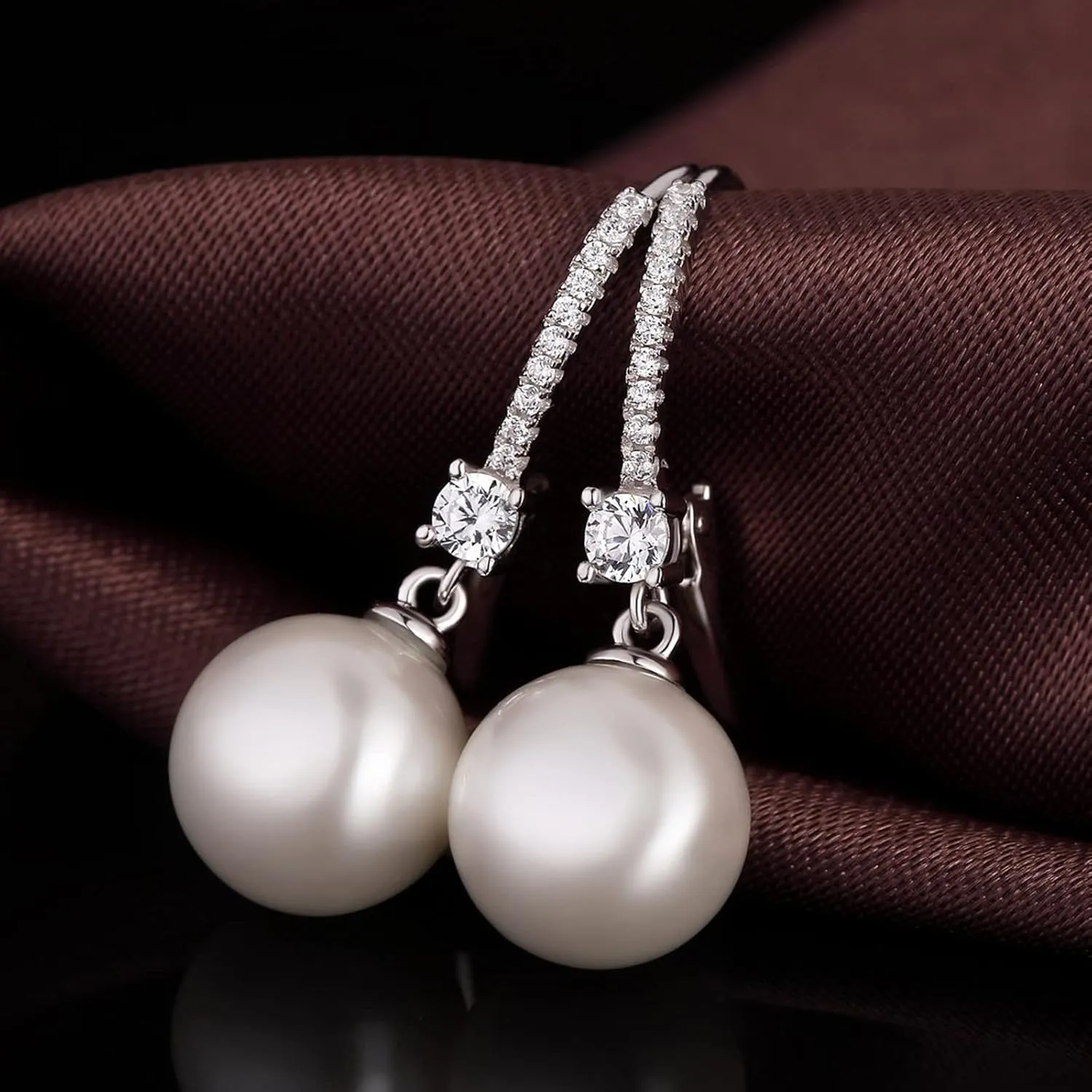 18K White Gold Plated & 925 Sterling Silver Cubic Zirconia Pearl Dangle Drop Earrings for Women, Fine Pearl Jewelry Gift for Women