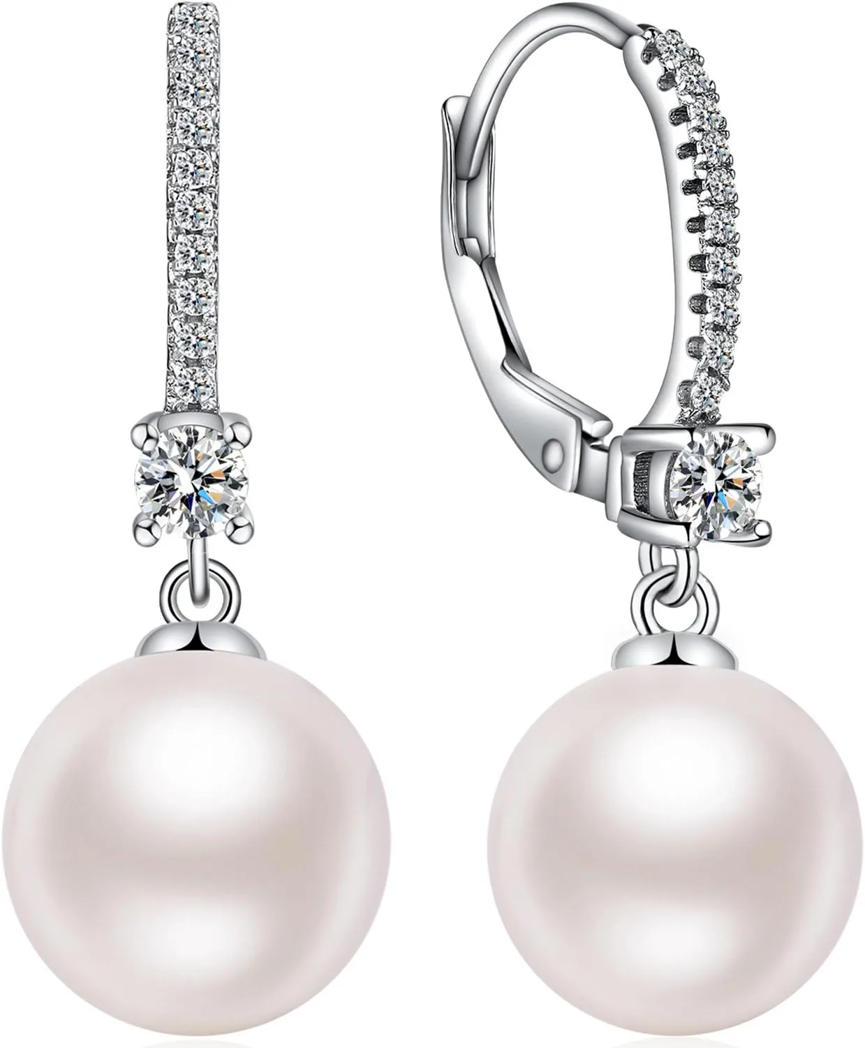 18K White Gold Plated & 925 Sterling Silver Cubic Zirconia Pearl Dangle Drop Earrings for Women, Fine Pearl Jewelry Gift for Women