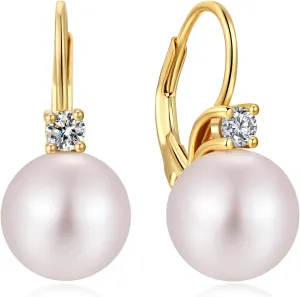 18K White Gold Plated Pearl Leverback Earrings, 925 Sterling Silver Cubic Zirconia Pearl Dangle Earrings for Women 10MM, Fine Pearl Jewelry Gift for Women/Wife/Mother