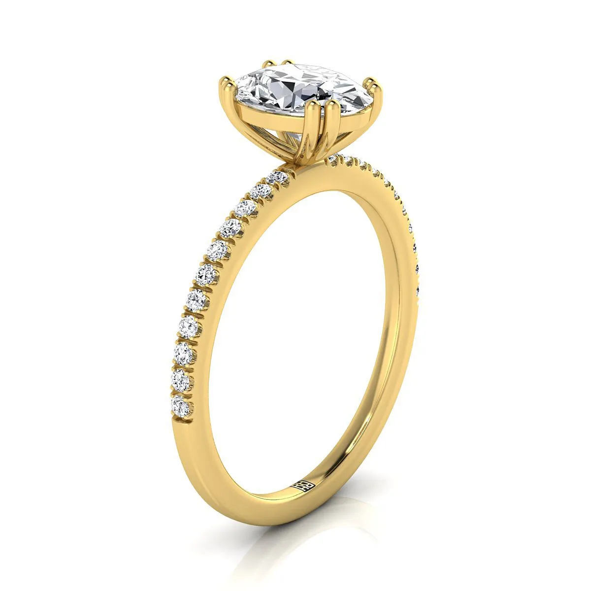 18K Yellow Gold Oval Diamond Simple French Pave Double Claw Prong Engagement Ring -1/6ctw