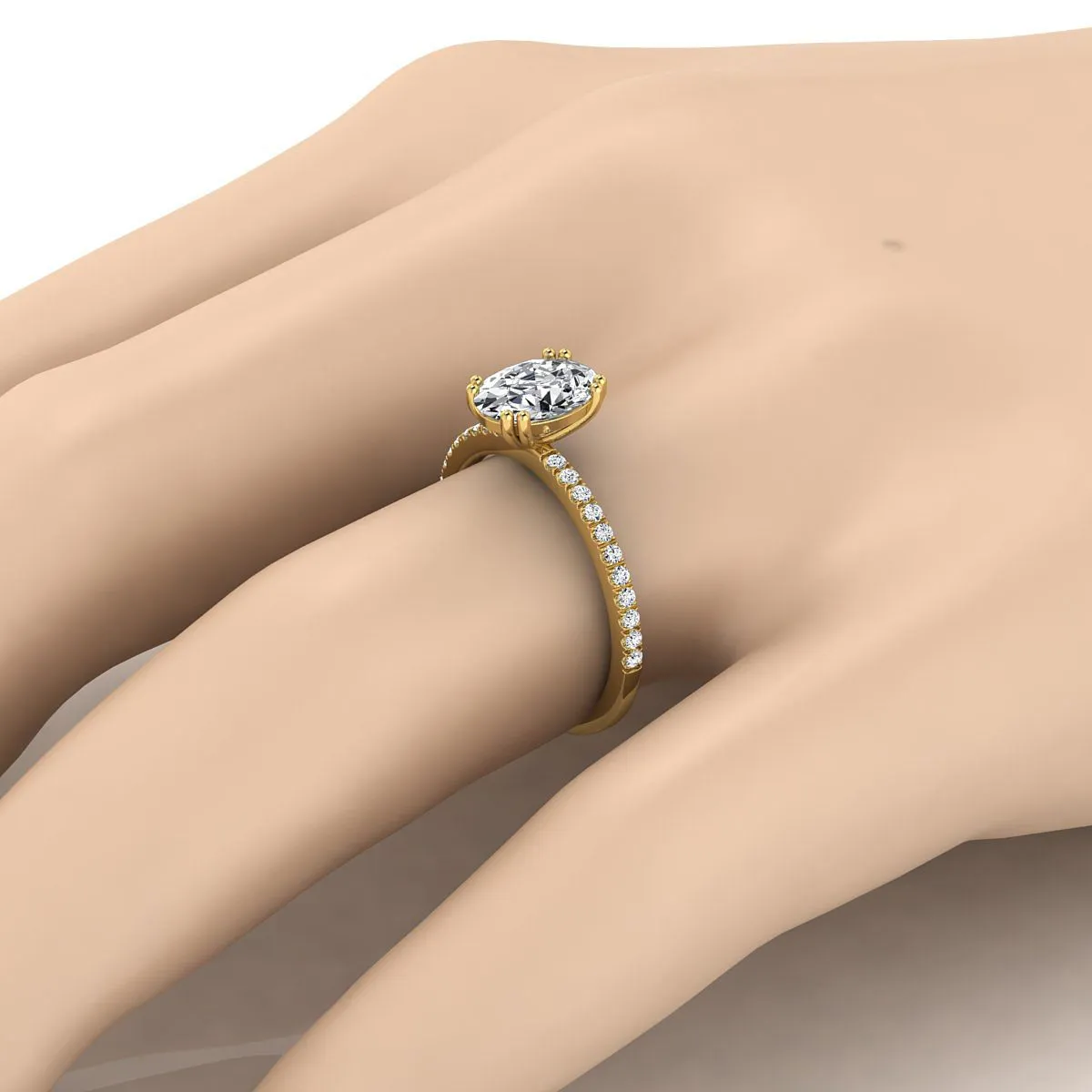 18K Yellow Gold Oval Diamond Simple French Pave Double Claw Prong Engagement Ring -1/6ctw