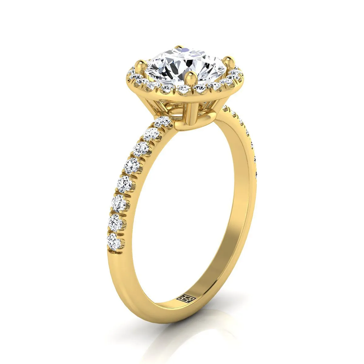 18K Yellow Gold Round Brilliant Classic Halo Linear Diamond Engagement Ring -1/3ctw