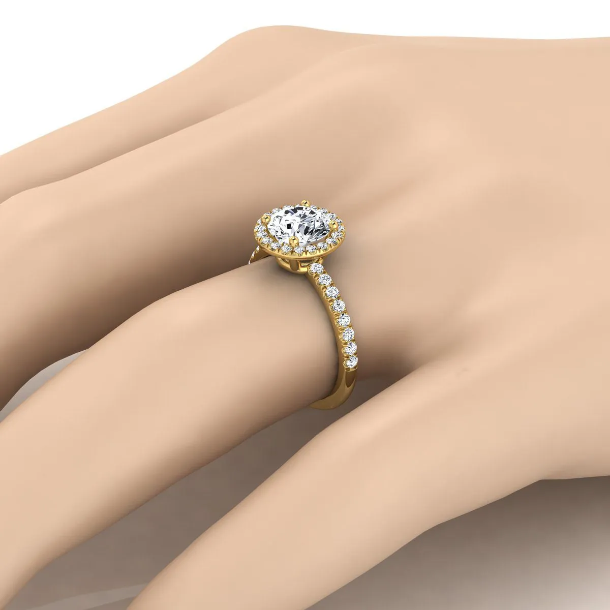 18K Yellow Gold Round Brilliant Classic Halo Linear Diamond Engagement Ring -1/3ctw