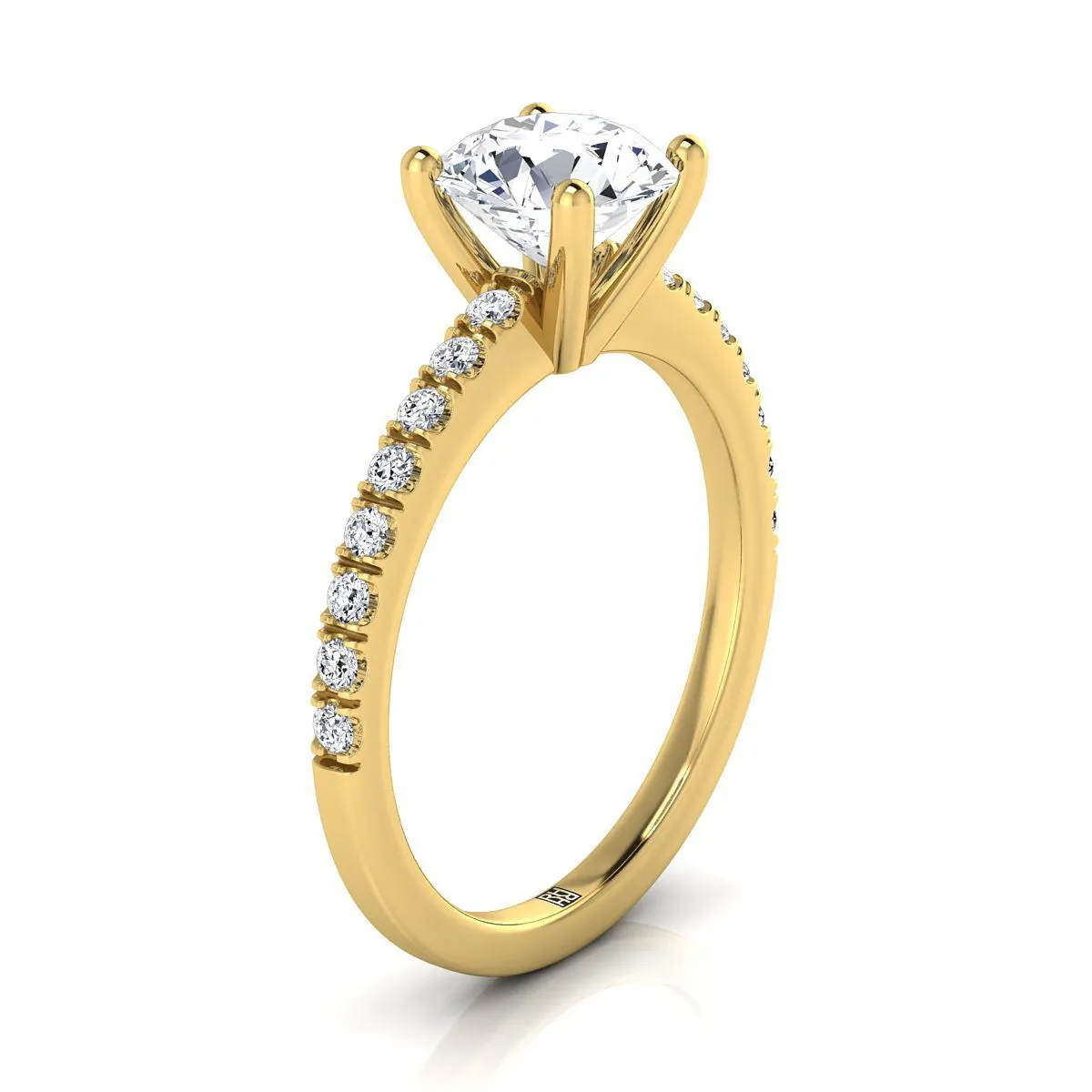 18K Yellow Gold Round Brilliant Simple Linear Diamond Pave Engagement Ring -1/5ctw