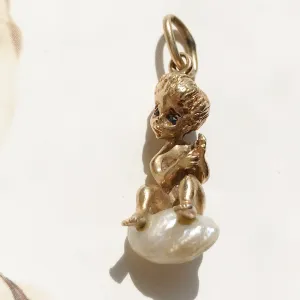 1960's William Ruser Sapphire and Mississippi Pearl Cherub Charm - Tuesday's Child