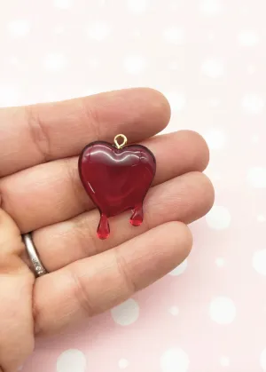 2 Translucent Red Drippy or Melting Heart Charms, Hard Resin Valentines Pendants, L410