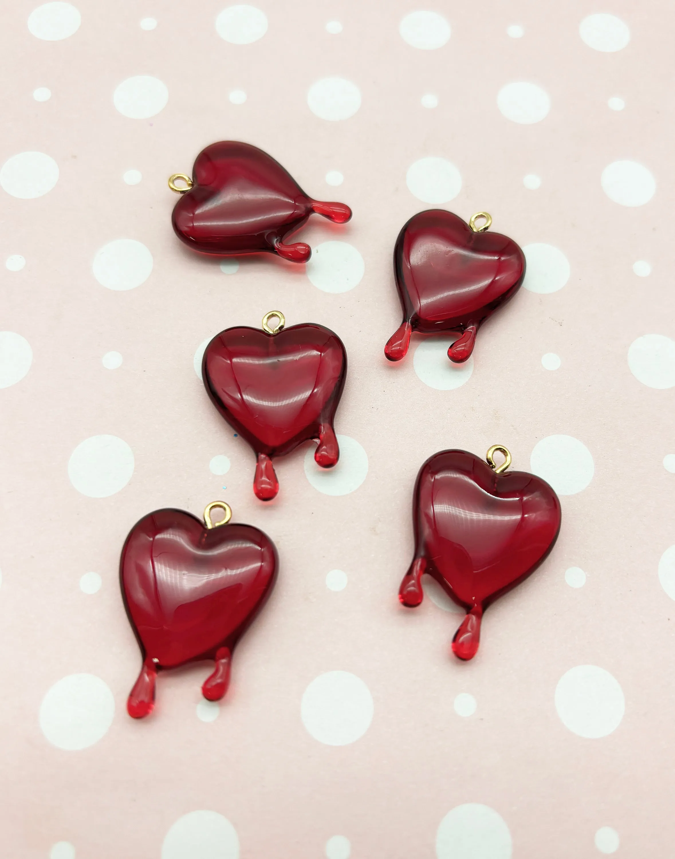 2 Translucent Red Drippy or Melting Heart Charms, Hard Resin Valentines Pendants, L410